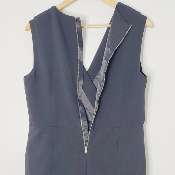 Elena Wang Classic Black Satin V-Neck Trim Pockets Sleeveless Faux Wrap Dress S - Picture 3 of 12